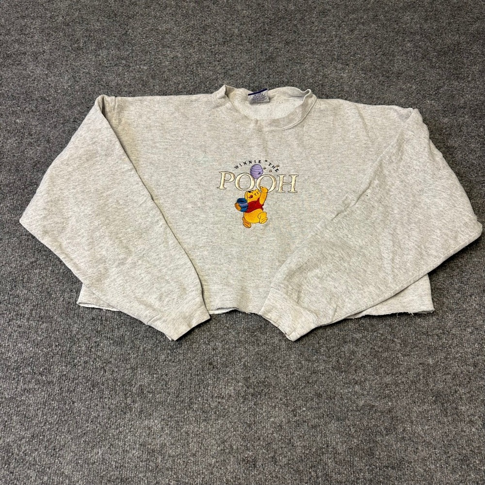 Disney Sweatshirt Womens Size M Gray Winnie The Pooh Embroidered Cropped Raw Hem